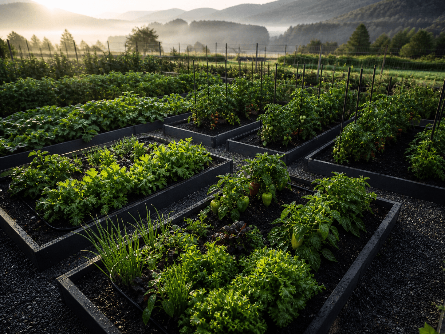 Nine real garden beds with a variety of vegetables