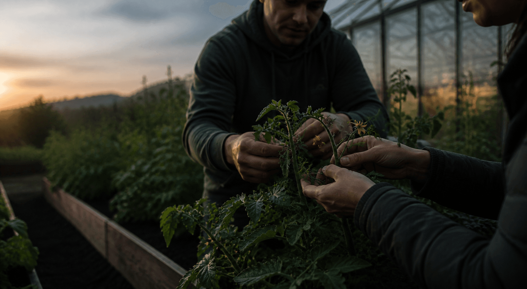 A producer and customer looking at a living tomato plant in a real garden